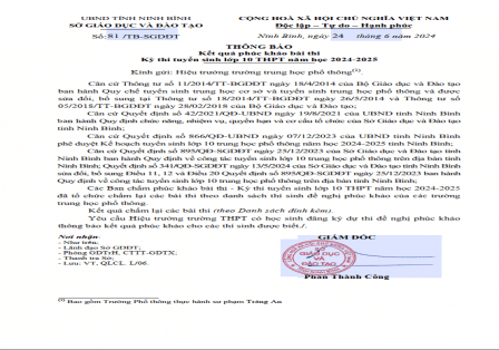 THÔNG BÁO: KẾT QUẢ PHÚC KHẢO BÀI THI KỲ THI TUYỂN SINH LỚP 10 THPT NĂM HỌC 2024-2025